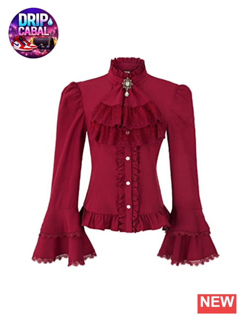 Victorian Gothic Lace Ruffle Blouse Bell Sleeve Button Front Top